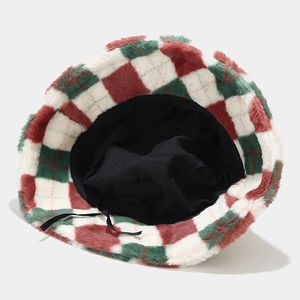 Thick warm plaid bucket hat for winter in red and green checkerboard faux fur pattern