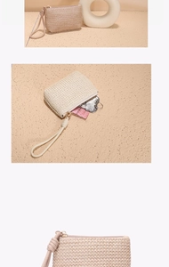 Detailed views of a beige straw coin purse with wrist strap showing interior capacity