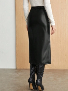 Back view of high-waisted black PU leather midi skirt with slimming slit design