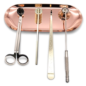 Stainless steel candle care set with trimmer, snuffer, and tray in rose gold finish