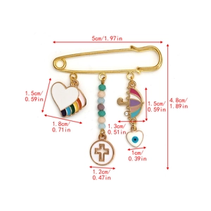 Detailed dimensions of gold evil eye safety pin brooch with heart and cross charms