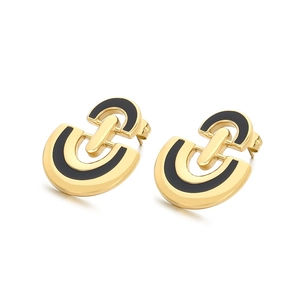 Minimalist gold-plated stainless steel D-shape stud earrings with black enamel inlay