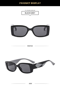 Detail view showing black square frame sunglasses with grey lenses from side and front angles