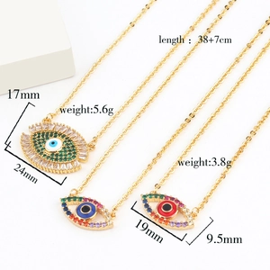Detailed view of 18k gold plated evil eye heart necklaces with size and weight dimensions