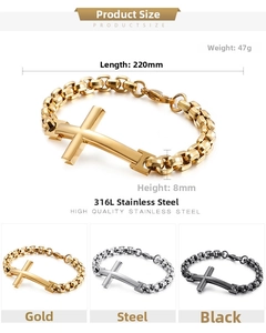 Close-up of 8mm stainless steel cross bracelet with 220mm length and color options