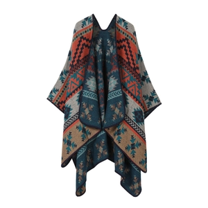 Gestrickter Aztek-Poncho mit lebendigen tiefblauen und orangen Südwest-Stammesmustern