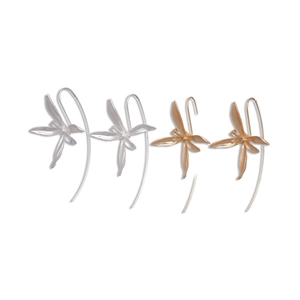 Elegant gold and silver iris flower earrings with minimalist long hook design