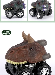 Detail of hand-painted Tyrannosaurus and Triceratops monster trucks with off-road tires