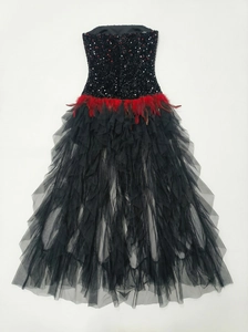 Detailed close-up of black sequined corset bodice with red feather waist and tulle layers