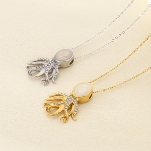 Octopus Pendant Necklace 316L Stainless Steel White Faux Opal Rhinestone Ocean Beach Style Novelty Jewelry For Women
