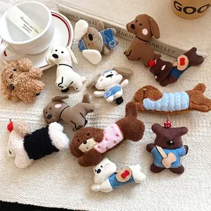 Plush puppy hair clips in various dog breeds on a cozy minimalist white background