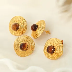 Vintage French style gold spiral stud earrings with tiger eye stone inlay for women
