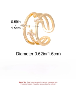 Detailed size chart of triple-layer gold copper ring with pink cross zircon stones