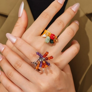 Handcrafted baroque natural stone beaded open rings plated in 18k gold and titanium steel