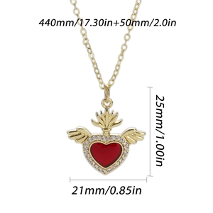 Detailed dimensions of gold heart pendant necklace with red zircon and crystal inlay
