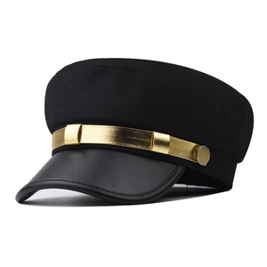 Casquette Gavroche Femme Chapeau Marin Plat Coton Polyester Avec Visière En Similicuir PU Garniture Métallique Dorée Bérêt