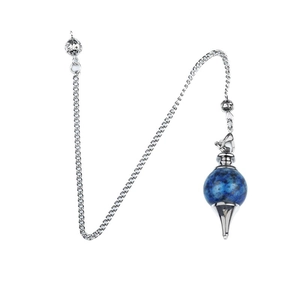 Natural blue agate crystal ball pendulum with silver metal chain and pointed tip pendant