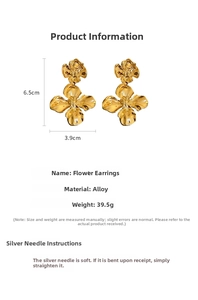 Detailed view of gold flower earrings with dimensions showing 6.5cm height and alloy texture