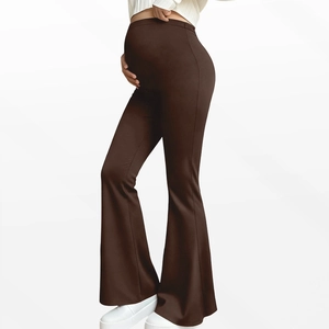 Detailed side view of high waist maternity flare leggings in brown for belly support