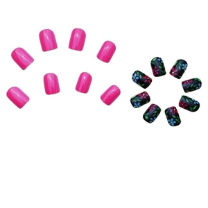 24pcs square press-on nails with pink glitter and colorful floral patterns on black