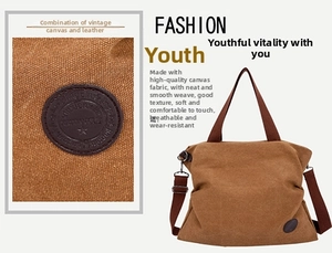 Détails du sac fourre-tout en toile marron avec logo en cuir et bandoulière large