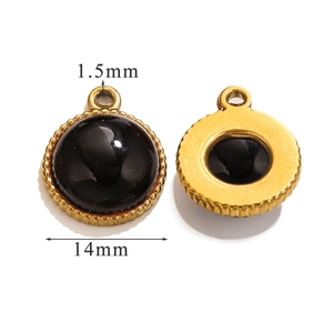 Detail showing 14mm gold stainless steel round pendant with black natural stone inlay