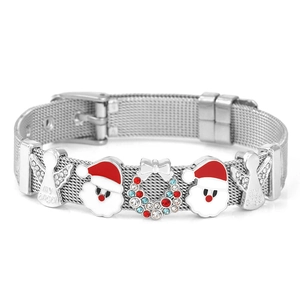 Christmas mesh bracelet with Santa, wreath, and angel charms in silver-tone metal finish