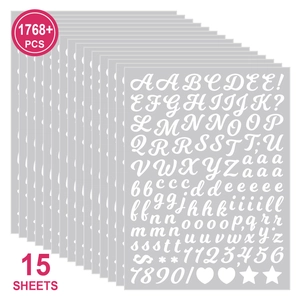 Detail showing 15 sheets of waterproof white alphabet stickers with 1768 characters