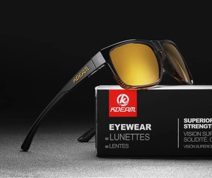 KDEAM polarized sports sunglasses with golden mirror lenses and black branded packaging box