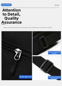Detailed shot of durable alloy zipper, buckle, and nylon strap with neat stitching on bag