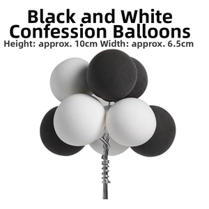 Detail of black and white balloon cake topper decoration, size 10cm height by 6.5cm width