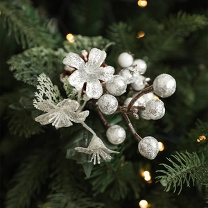 Artificial Christmas pick with silver glitter flowers and white berries for holiday decor