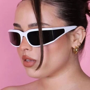 Y2K sporty narrow frame sunglasses with white streamlined wrap-around design and dark lenses