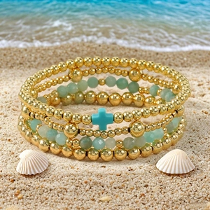Bohemian Stackable Beaded Bracelets Stone Crystal Metal Beads Cross Charm Multi Layer Elastic Summer Beach Accessories