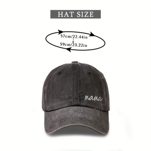 Black vintage washed baseball cap with mama embroidery and 57-59cm size guide