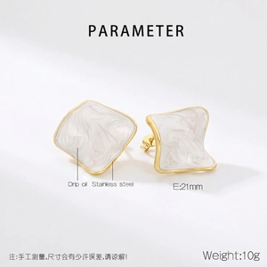 Detailed specs of square drip oil earrings showing 21mm size and stainless steel texture