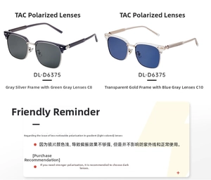 Detail view of TAC polarized lenses in grey-silver and transparent gold frames