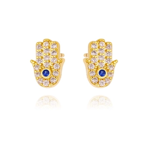 Detail of Hamsa hand stud earring with gold plating and blue evil eye stone inlay