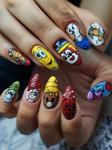 Close-up of colorful cartoon characters hand-painted on long pointed almond fake nails