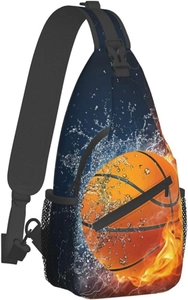 Détail du sac bandoulière bleu et orange avec motifs de basket-ball, flammes et éclaboussures