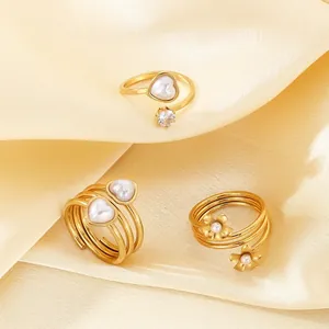 18K gold plated stainless steel open rings with heart pearls and zircon on silk