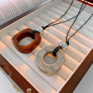 Retro Geometric Hollow Resin Pendant Necklace With Marble Texture Long Adjustable Leather Rope For Women Jewelry