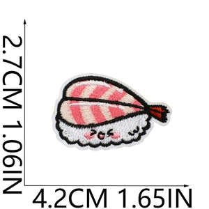 Detailed close-up of cute cartoon shrimp sushi embroidered patch with 4.2cm width dimensions