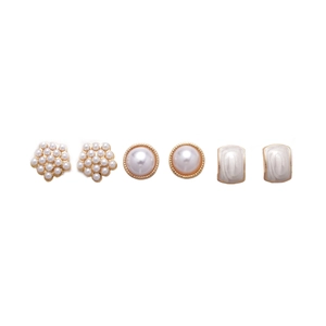 Elegant six-piece set of gold-plated stud earrings with faux pearls and shell inlay
