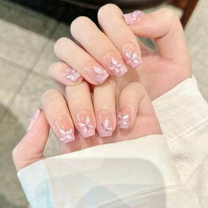 Handmade Press On Nails Pink Gradient French Style Shimmering Butterfly Decoration Short Square For Women