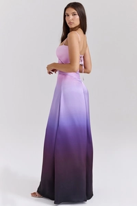 Detail of the purple gradient satin dress featuring delicate back lacing and silk texture