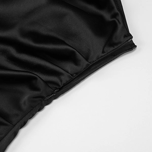 Detail shot of invisible side zipper on a sleek black satin slim fit bodycon dress