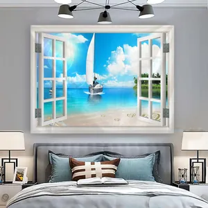 Arazzo da parete con effetto finestra 3D con spiaggia tropicale e barca a vela