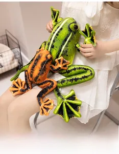 Detail showing two sizes of green and orange plush frog dolls held by a model