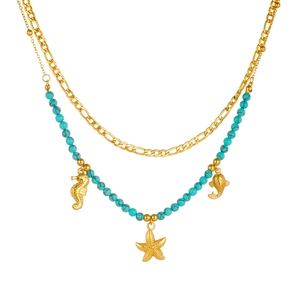 Double-layered gold-plated stainless steel necklace with turquoise beads and sea animal charms